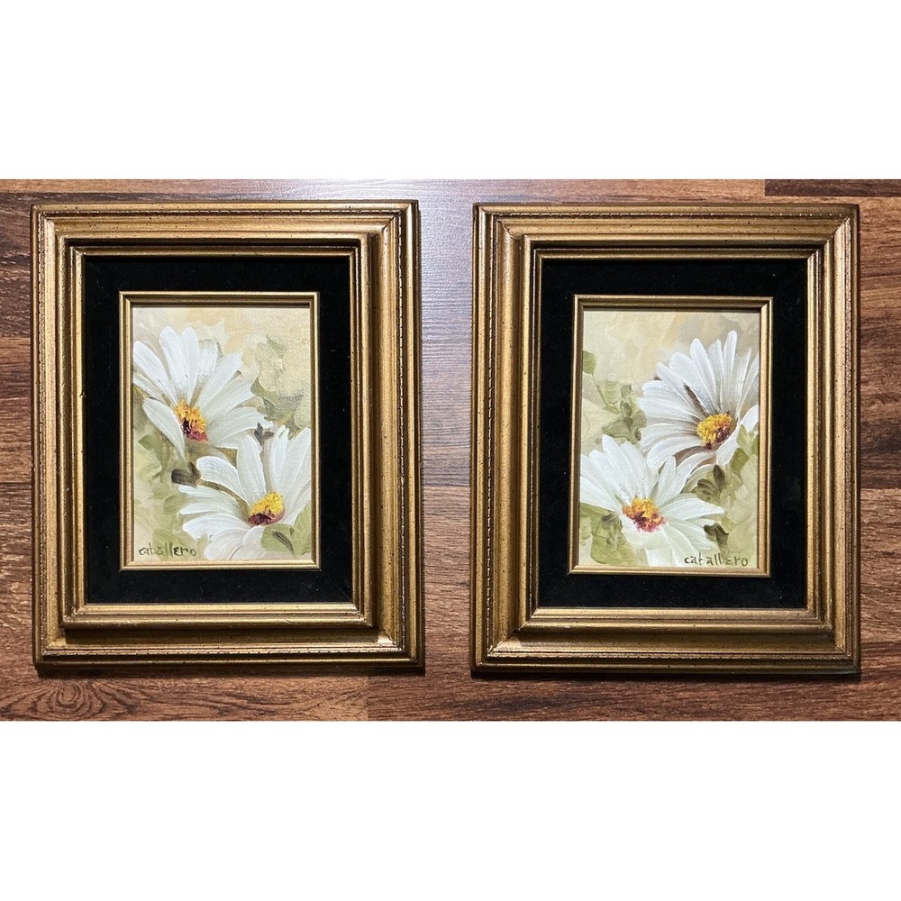 Pair Of Vtg White Daisy Floral Still Life Painting Framed/Signed CABALLERO 12X10
